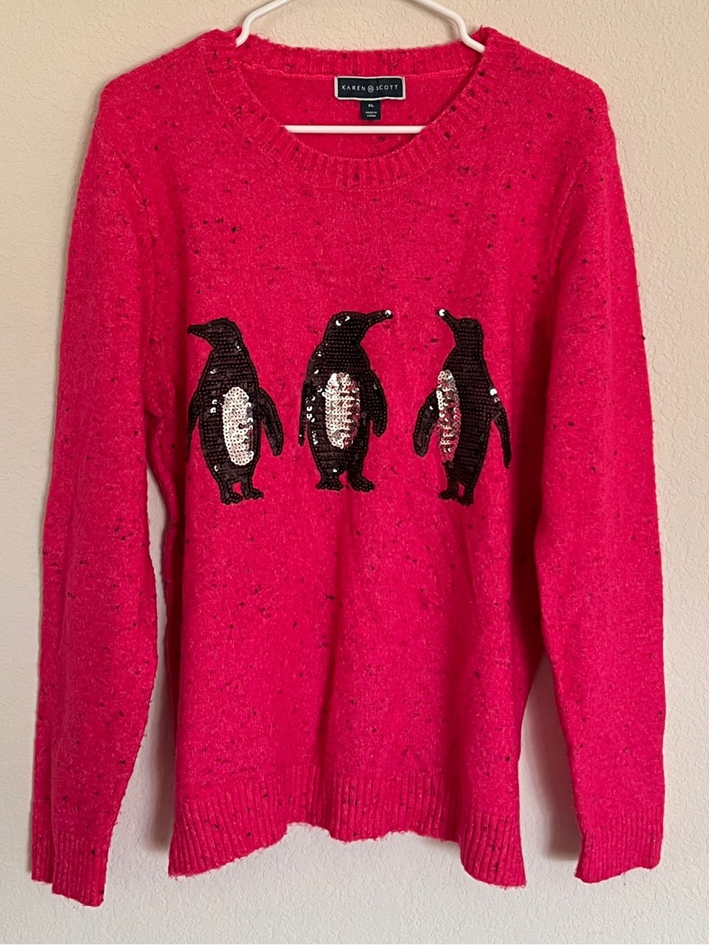 Karen Scott Sequin Penguin Hot Pink Crewneck Sweater Embellished